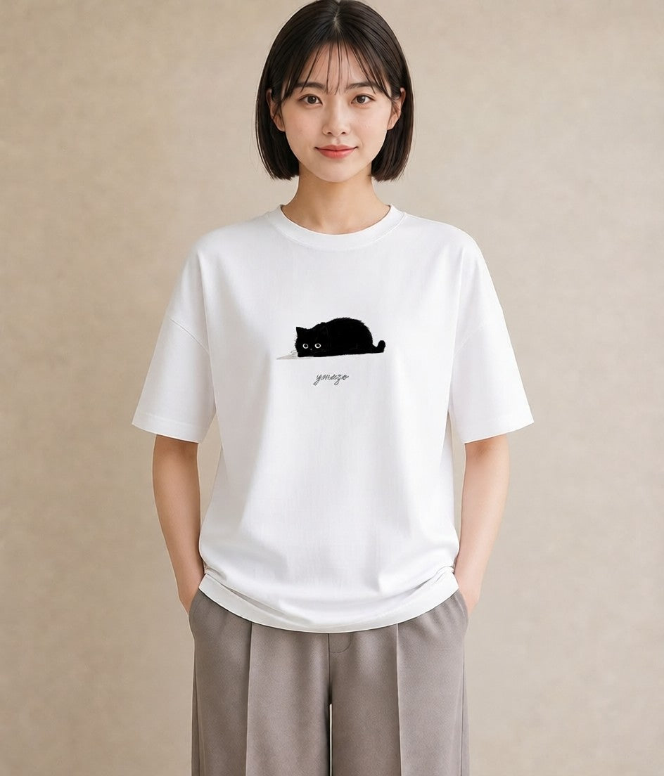 半袖Tシャツ レディース 黒猫 猫 ねこ イラスト ニュアンス 女性向けギフト 散歩 白T YMAZO