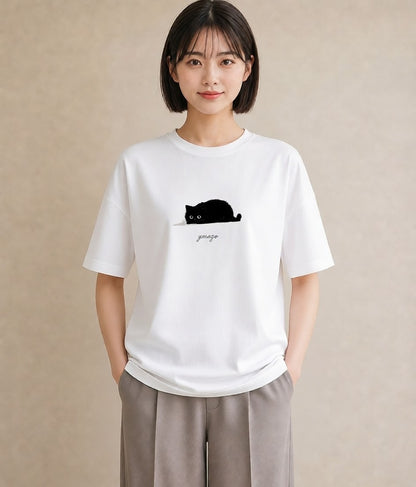 半袖Tシャツ レディース 黒猫 猫 ねこ イラスト ニュアンス 女性向けギフト 散歩 白T YMAZO