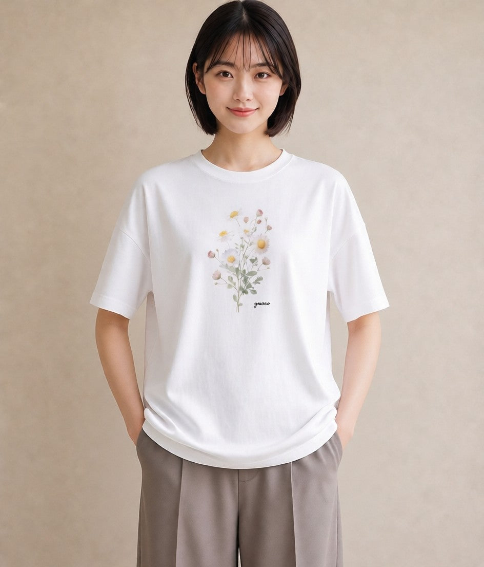 半袖Tシャツ レディース デイジー 花 花柄 イラスト ヴィンテージ風 部屋着 女性向けギフト 白T YMAZO