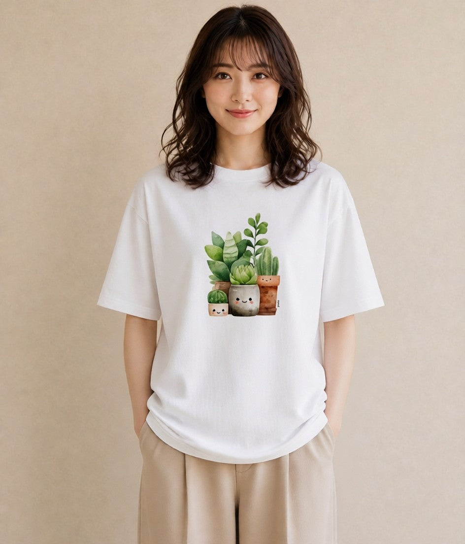グラフィックTシャツ レディース 多肉植物 植物 ボタニカル イラスト 手描き風 ルームウェア ギフト 白T YMAZO