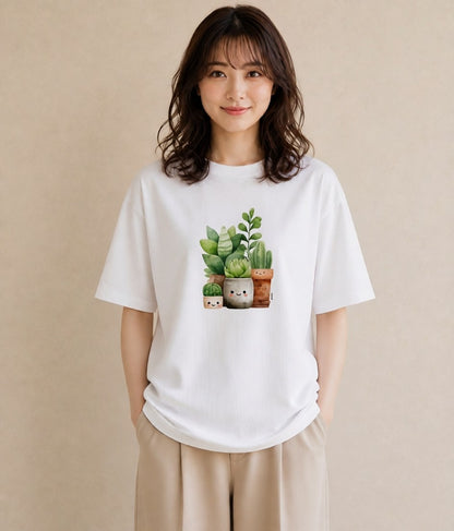 グラフィックTシャツ レディース 多肉植物 植物 ボタニカル イラスト 手描き風 ルームウェア ギフト 白T YMAZO