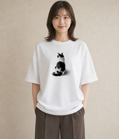 グラフィックTシャツ レディース 三毛猫 みけねこ 三毛 猫 ねこ イラスト アート風 海 カフェ巡り 白T YMAZO