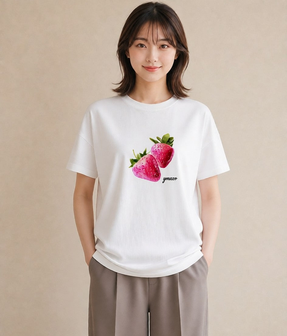 半袖Tシャツ レディース ショートケーキ 食べ物 フード イラスト 手描き風 お出かけ 普段着 白T YMAZO