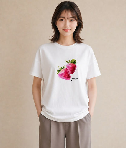 半袖Tシャツ レディース ショートケーキ 食べ物 フード イラスト 手描き風 お出かけ 普段着 白T YMAZO