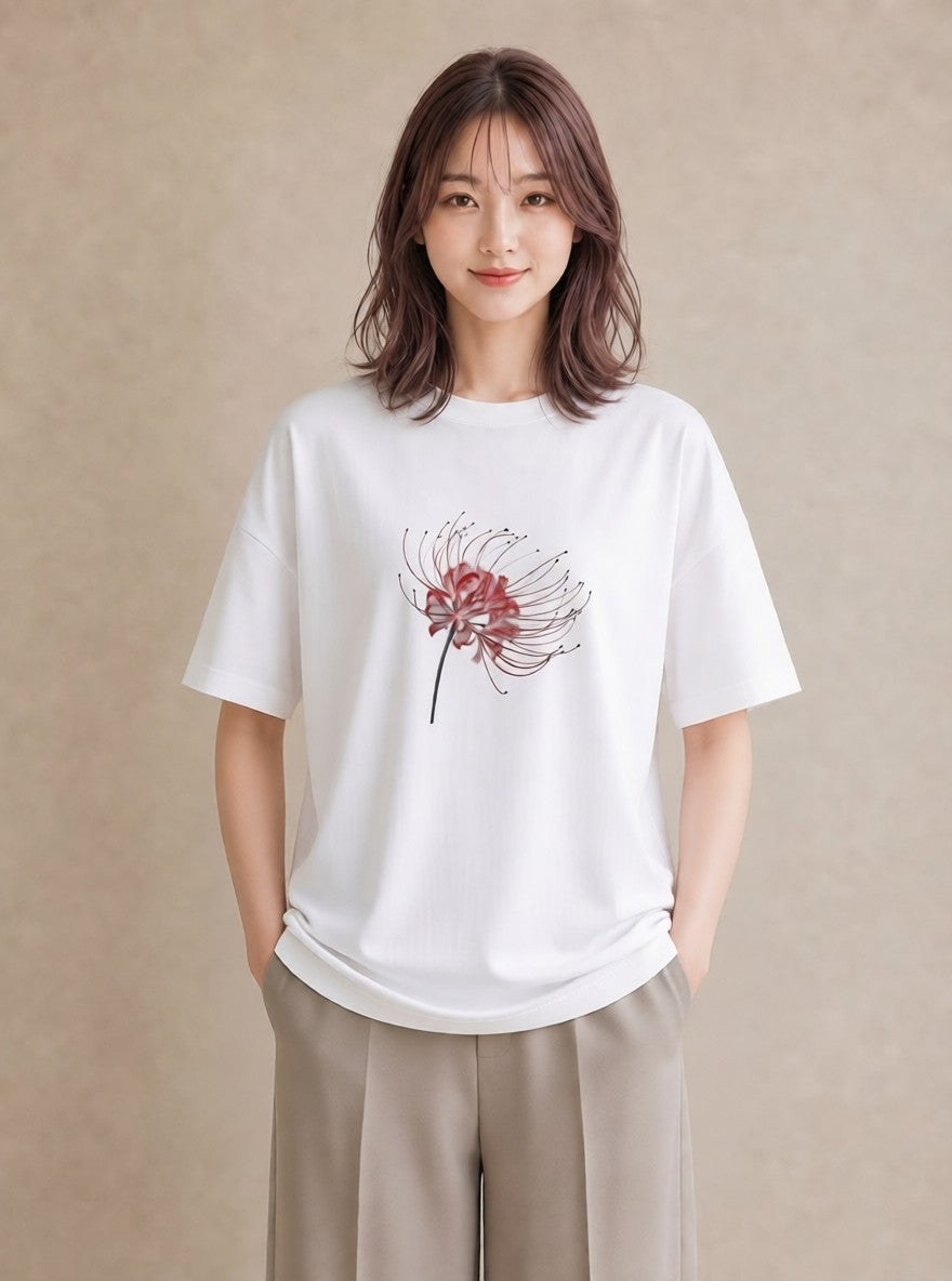グラフィックTシャツ レディース 彼岸花 花 花柄 イラスト 抜け感 敬老の日 ホワイトデー 白T YMAZO