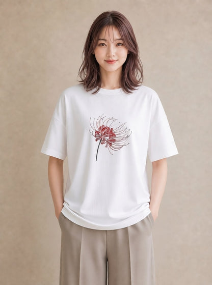 グラフィックTシャツ レディース 彼岸花 花 花柄 イラスト 抜け感 敬老の日 ホワイトデー 白T YMAZO