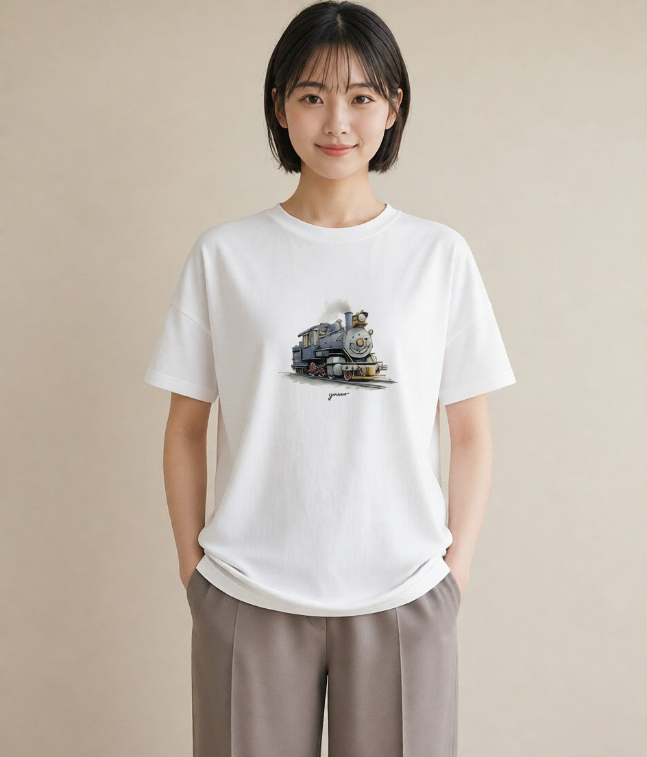 デザインTシャツ レディース 駅のホーム ローカル線 駅 ナチュラル アンティーク イラスト シンプル 姉妹 送別ギフト 白T YMAZO