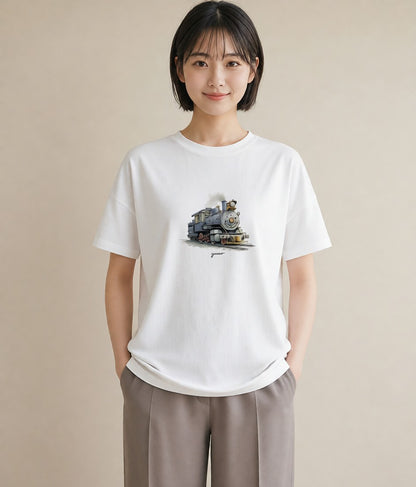 デザインTシャツ レディース 駅のホーム ローカル線 駅 ナチュラル アンティーク イラスト シンプル 姉妹 送別ギフト 白T YMAZO
