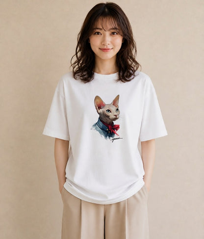 デザインTシャツ レディース スフィンクス 猫 ねこ イラスト 淡色 カフェ服 クリスマス 白T YMAZO