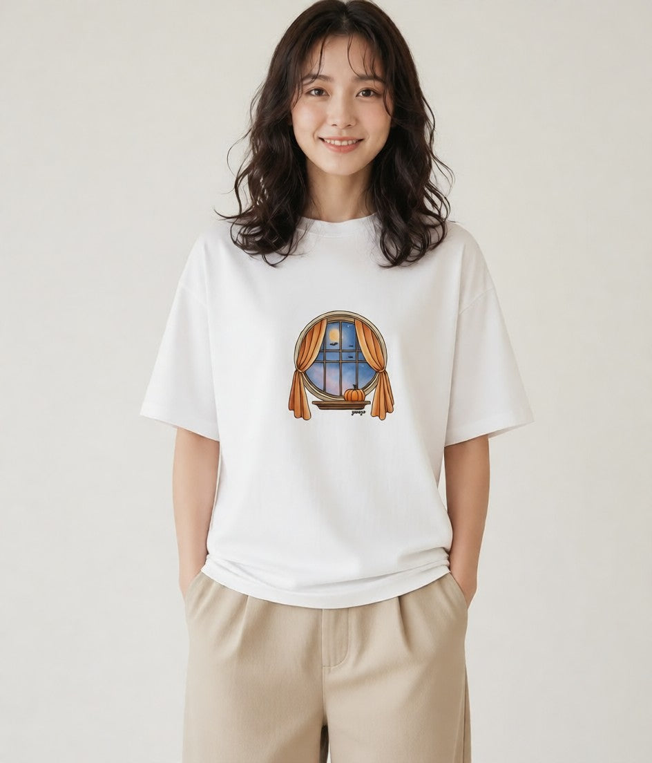 プリントTシャツ レディース 灯りの家 小屋 夜 ナチュラル アンティーク イラスト 休日コーデ クリスマス 旅行 白T YMAZO