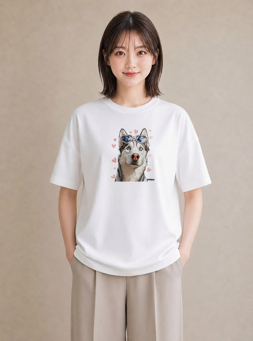 Tシャツ レディース シベリアンハスキー 犬 いぬ イラスト シック ビーチ デイリーウェア 白T YMAZO