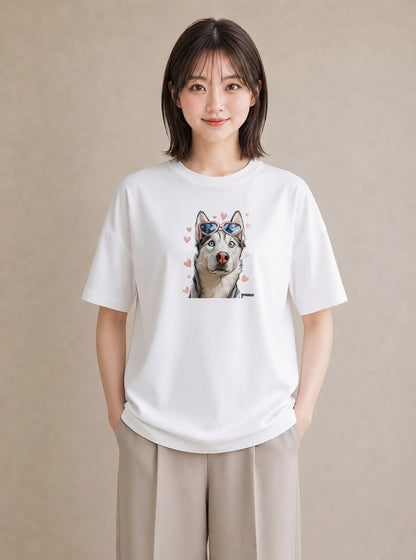 Tシャツ レディース シベリアンハスキー 犬 いぬ イラスト シック ビーチ デイリーウェア 白T YMAZO
