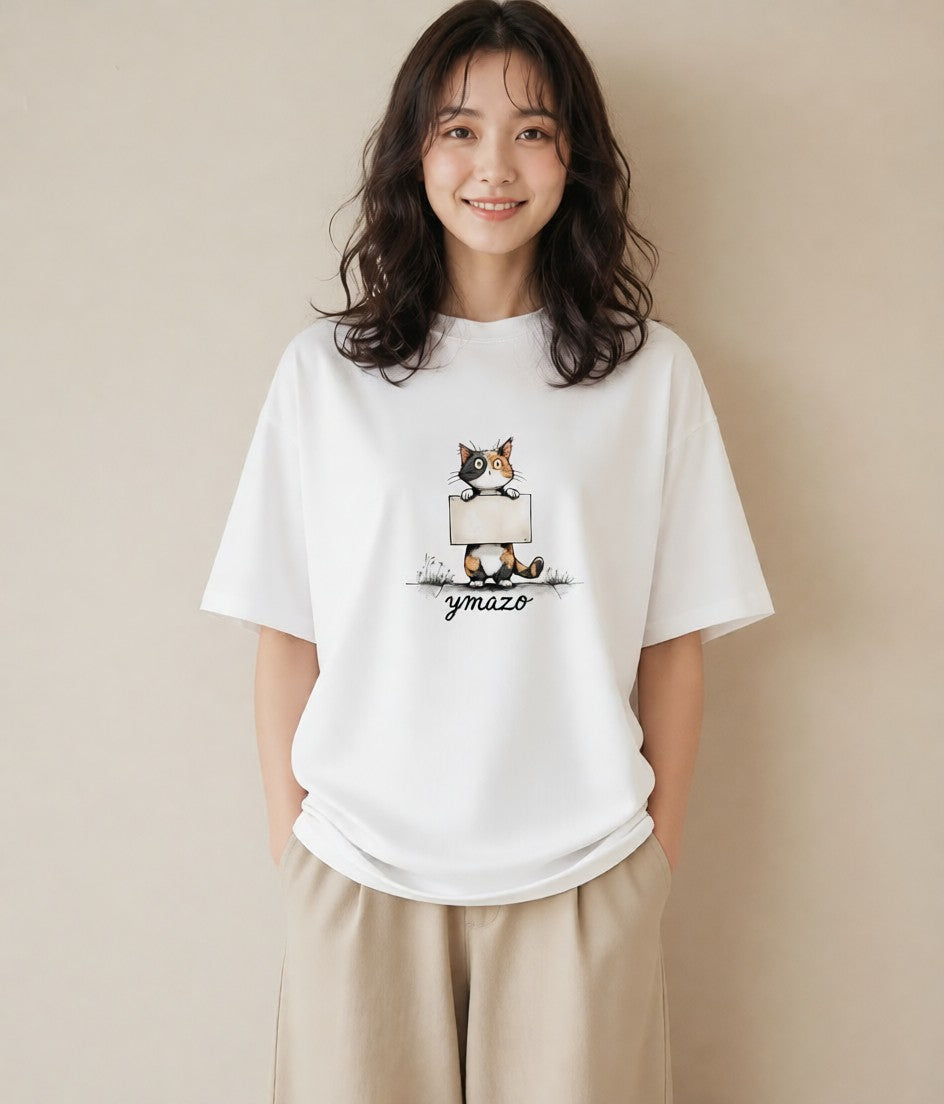 プリントTシャツ レディース ぶち猫 猫 ねこ イラスト きれいめ 普段着 週末コーデ 白T YMAZO