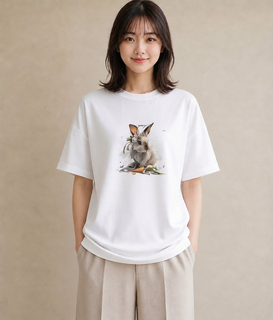 半袖Tシャツ レディース ネザーランドドワーフ ペット 動物 イラスト シンプル 友達ギフト 部屋着 白T YMAZO