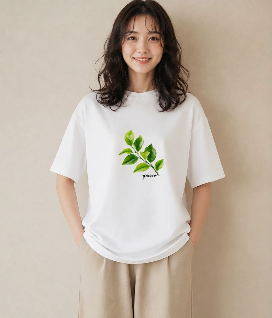 デザインTシャツ レディース 新緑 植物 ボタニカル イラスト シンプル 女性向けギフト 散歩 白T YMAZO