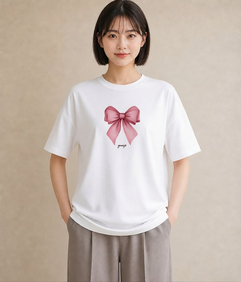 グラフィックTシャツ レディース リボン 蝶結び ナチュラル アンティーク イラスト ラフ 通学 誕生日プレゼント 白T YMAZO