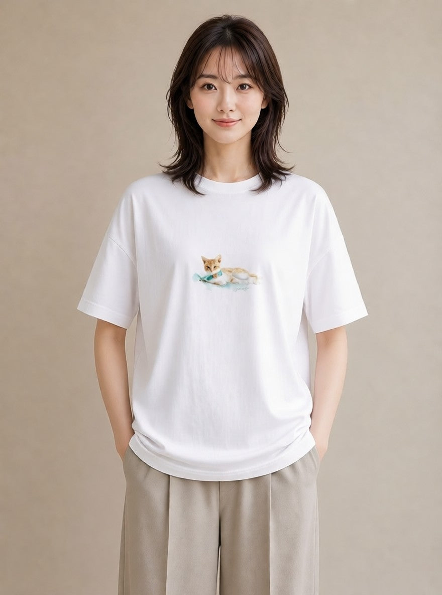 グラフィックTシャツ レディース 茶トラ 茶猫 猫 ねこ イラスト 個性的 買い物 夏コーデ 白T YMAZO