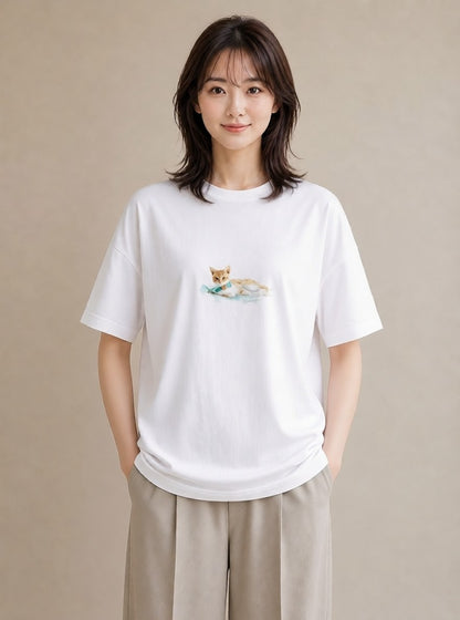 グラフィックTシャツ レディース 茶トラ 茶猫 猫 ねこ イラスト 個性的 買い物 夏コーデ 白T YMAZO