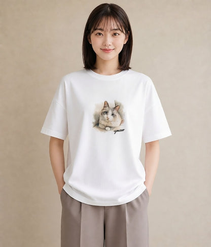 デザインTシャツ レディース サビ猫 猫 ねこ イラスト ボタニカル 休日 ペアコーデ 白T YMAZO