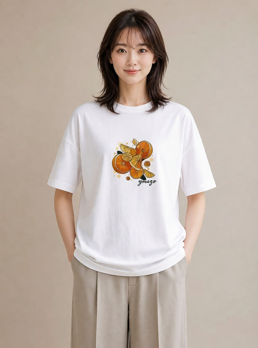 半袖Tシャツ レディース みかん 食べ物 フード イラスト ナチュラル 送別ギフト 通勤 白T YMAZO