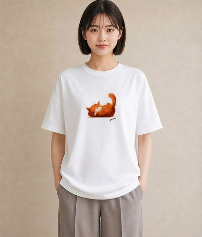 グラフィックTシャツ レディース 茶トラ 茶猫 猫 ねこ イラスト カフェ服 クリスマス 白T YMAZO