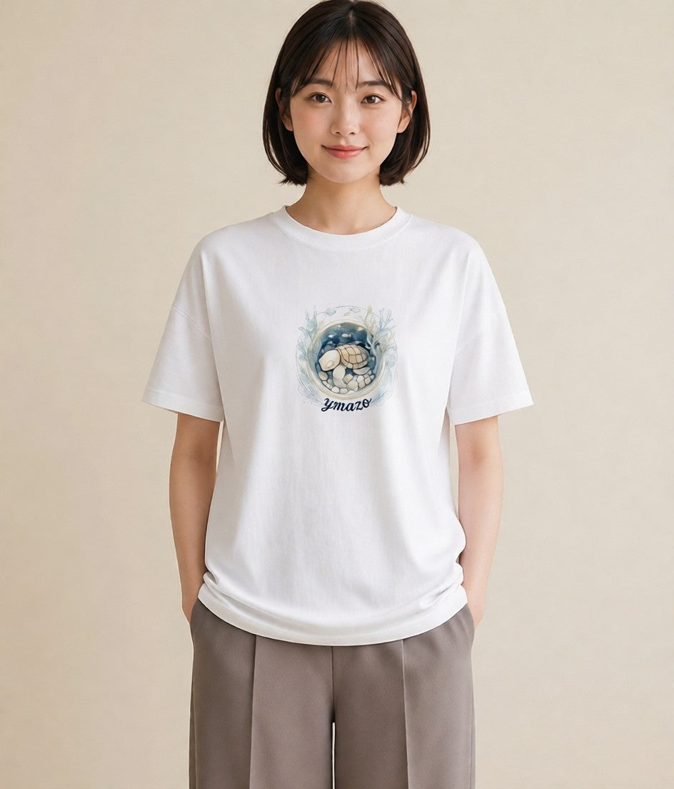 デザインTシャツ レディース ウミガメ 海の生き物 海 イラスト 抜け感 ビーチ デイリーウェア 白T YMAZO