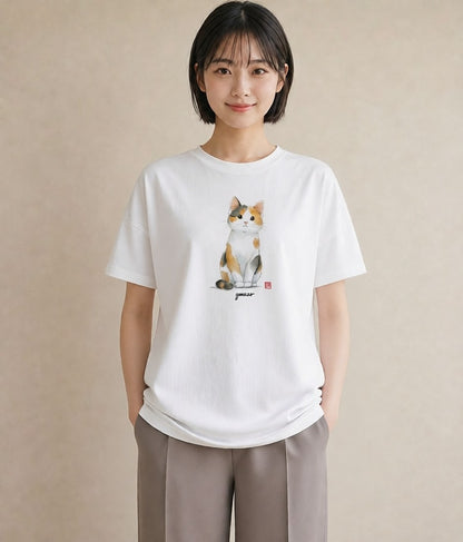 デザインTシャツ レディース ハチワレ 白黒猫 猫 ねこ イラスト カフェ服 クリスマス 白T YMAZO
