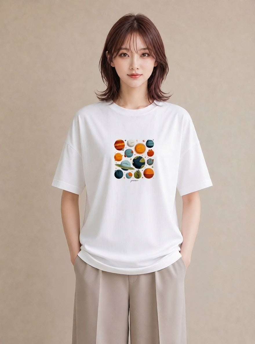半袖Tシャツ レディース 惑星 星空 宇宙 イラスト ゆるかわ ビーチ デイリーウェア 白T YMAZO