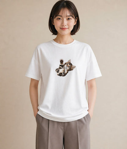 デザインTシャツ レディース サバトラ 猫 ねこ イラスト 抜け感 通学 誕生日プレゼント 白T YMAZO