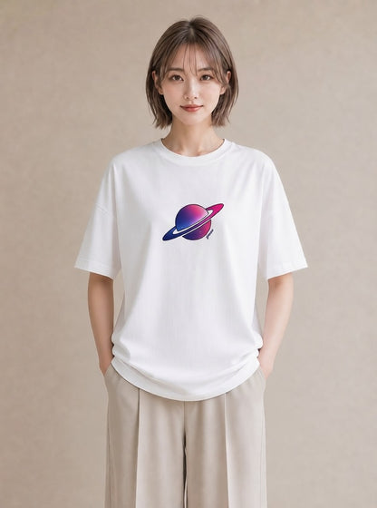 グラフィックTシャツ レディース 土星 星空 宇宙 イラスト ユニーク ペアコーデ 秋コーデ 白T YMAZO
