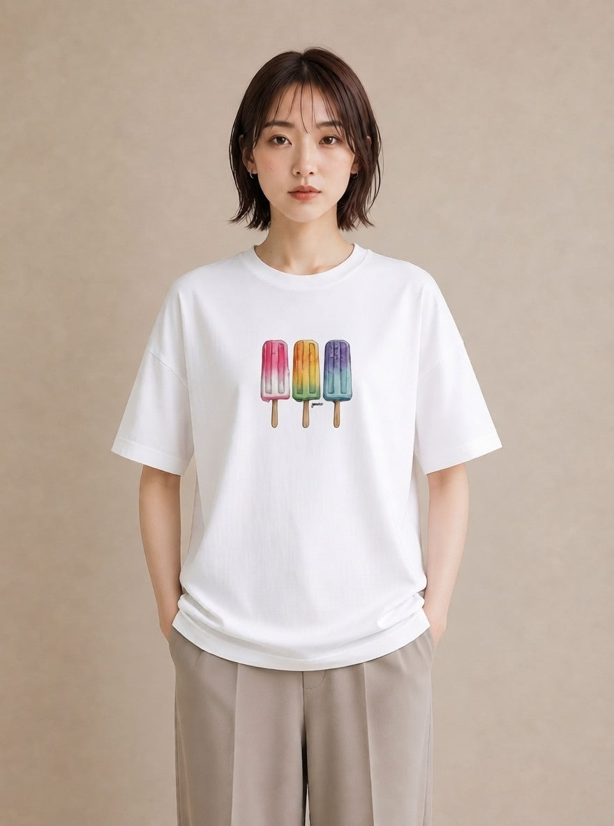 プリントTシャツ レディース マカロン 食べ物 フード イラスト アート風 カジュアルコーデ 買い物 白T YMAZO
