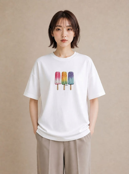 プリントTシャツ レディース マカロン 食べ物 フード イラスト アート風 カジュアルコーデ 買い物 白T YMAZO