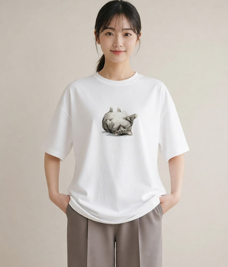 プリントTシャツ レディース アメリカンショートヘア 猫 ねこ イラスト 可愛い 海 カフェ巡り 白T YMAZO