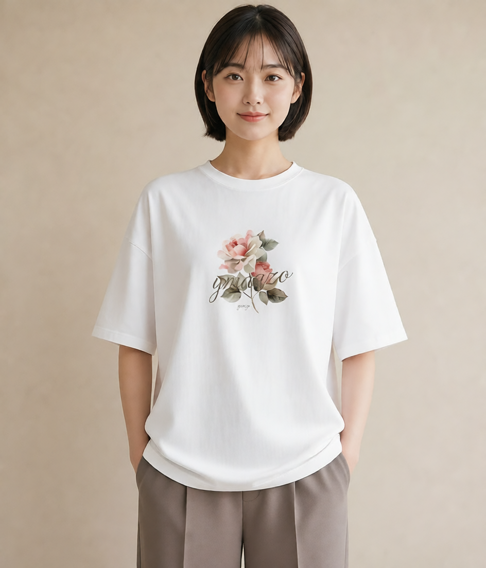 Tシャツ レディース 椿 花 花柄 イラスト ガーリー デイリーウェア 休日 白T