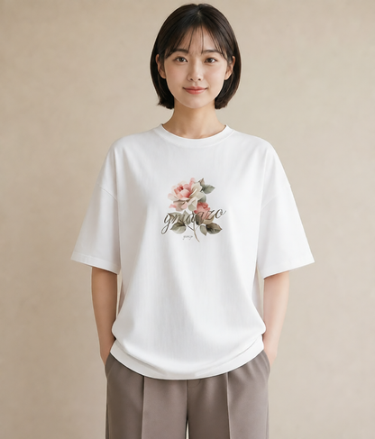 Tシャツ レディース 椿 花 花柄 イラスト ガーリー デイリーウェア 休日 白T