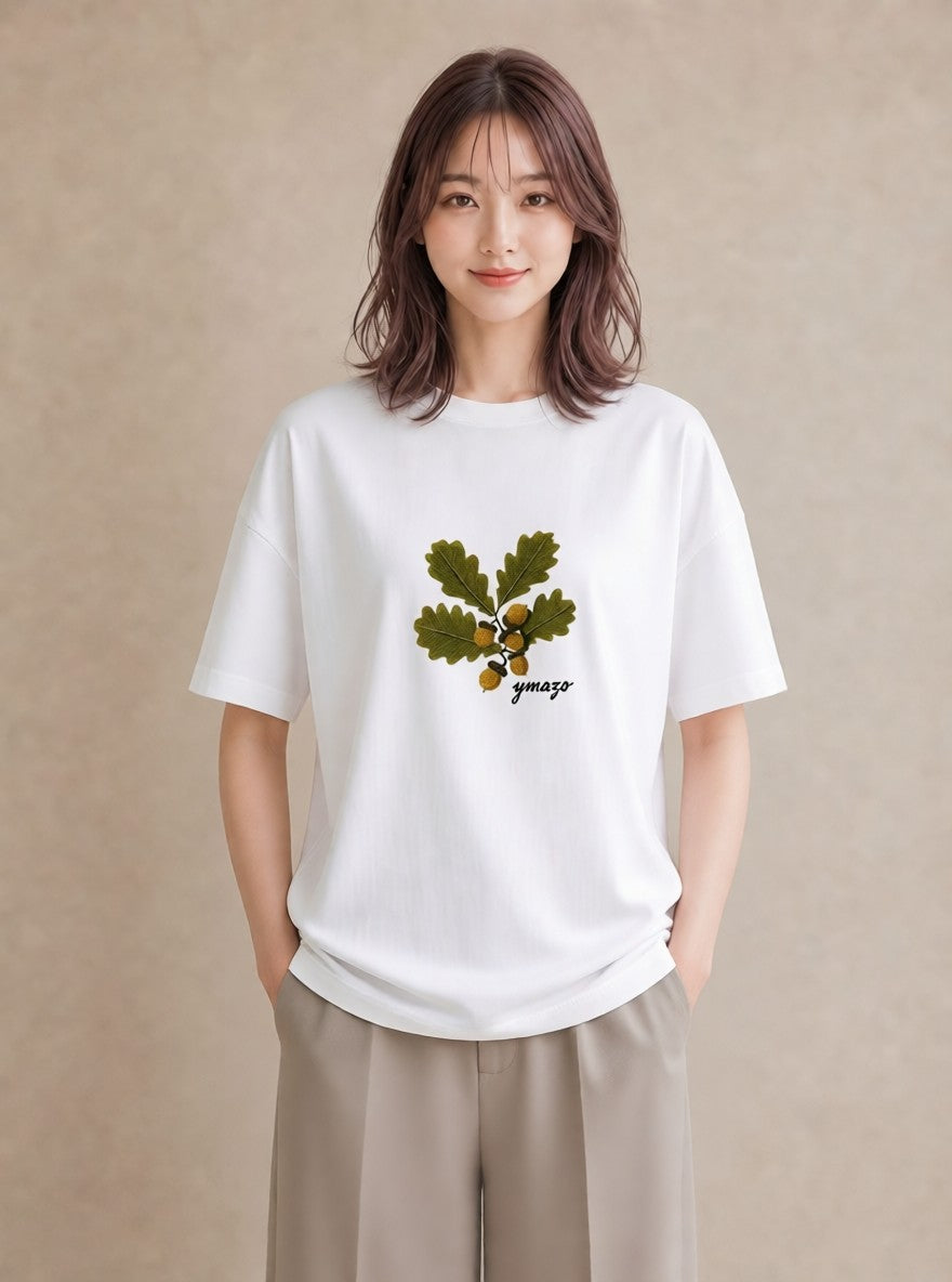 グラフィックTシャツ レディース どんぐり 植物 ボタニカル イラスト 個性的 散歩 お出かけ 白T YMAZO