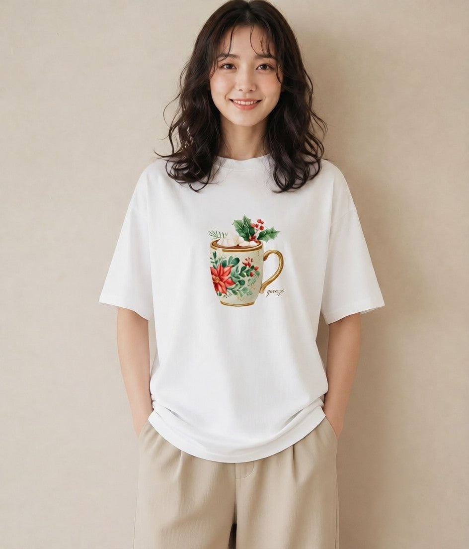 半袖Tシャツ レディース カフェラテ 食べ物 フード イラスト こなれ感 帰省 ラフ 白T YMAZO