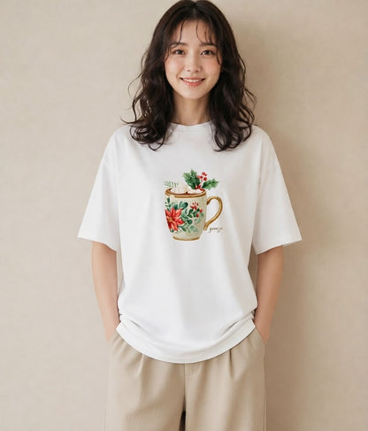 半袖Tシャツ レディース カフェラテ 食べ物 フード イラスト こなれ感 帰省 ラフ 白T YMAZO