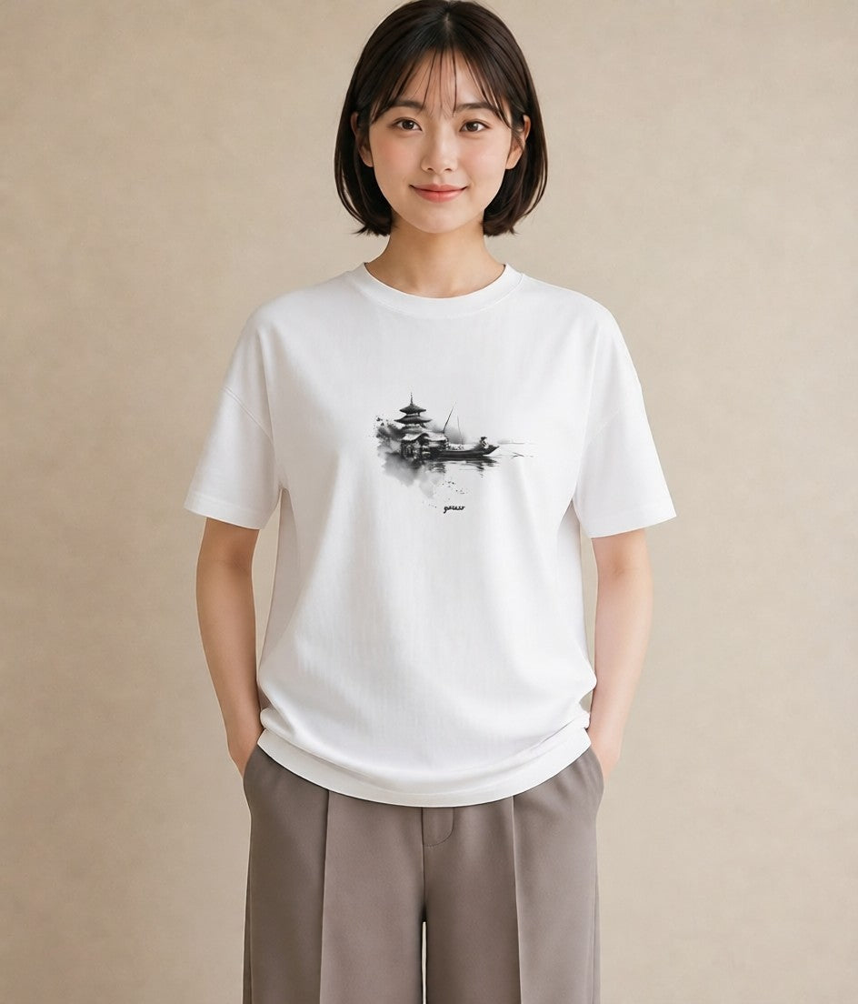 プリントTシャツ レディース 紙の船 水辺 ナチュラル アンティーク イラスト こなれ感 敬老の日 ホワイトデー 白T YMAZO