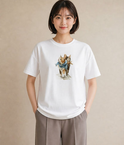 プリントTシャツ レディース ソマリ 猫 ねこ イラスト アート風 カフェ服 クリスマス 白T YMAZO