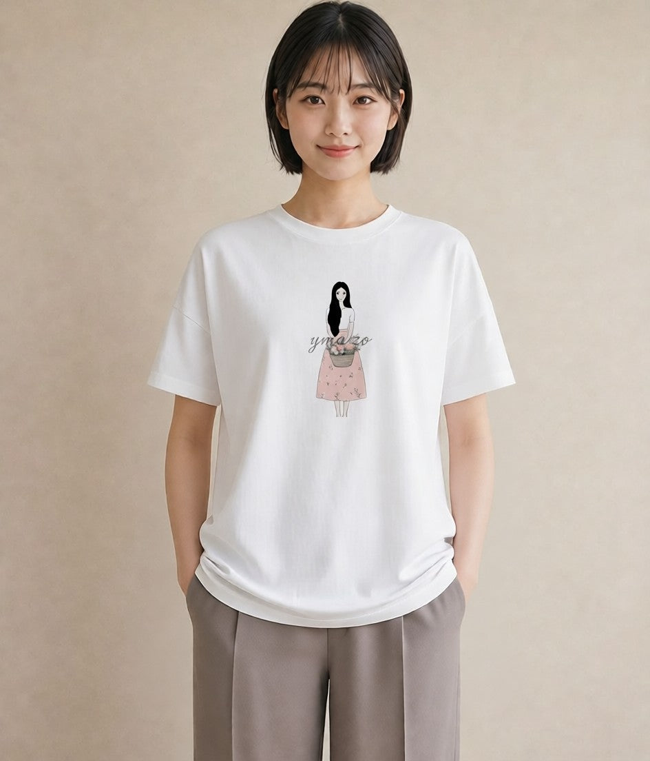 グラフィックTシャツ レディース 自転車のかご 自転車 花かご ナチュラル アンティーク イラスト シック 敬老の日 ホワイトデー 白T YMAZO