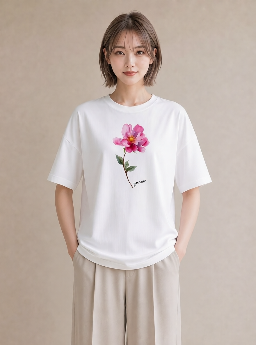 グラフィックTシャツ レディース 牡丹 花 花柄 イラスト ナチュラル 母娘コーデ 自分用 白T