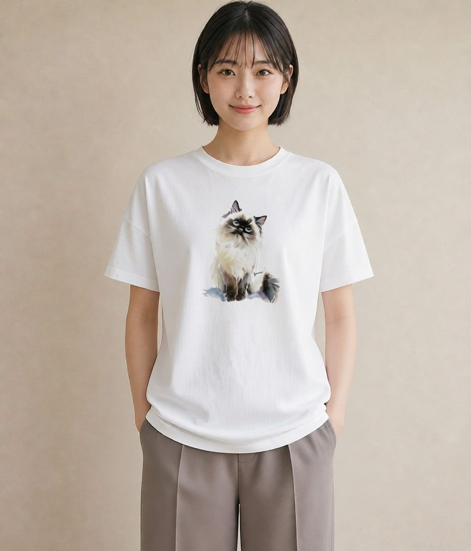 デザインTシャツ レディース 白猫 猫 ねこ イラスト 線画 春コーデ 姉妹 白T YMAZO