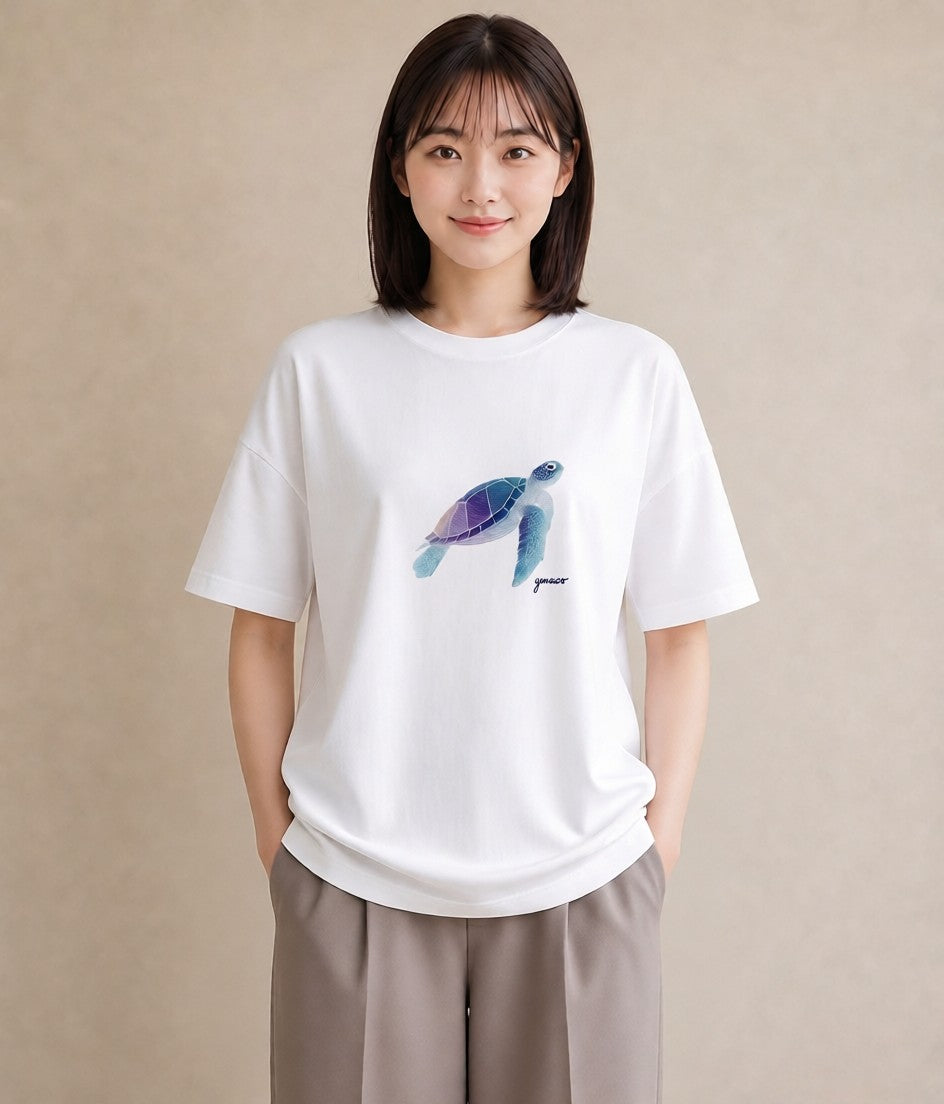 半袖Tシャツ レディース ウミガメ 海の生き物 海 イラスト ゆるかわ ギフト 母の日 白T YMAZO