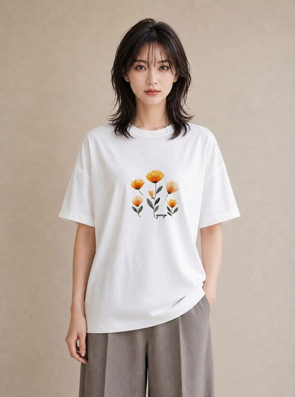 半袖Tシャツ レディース マーガレット 花 花柄 イラスト 淡色 送別ギフト 通勤 白T