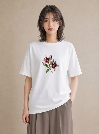 プリントTシャツ レディース ゆり 百合 花 花柄 イラスト カジュアル 社会人 女性 白T