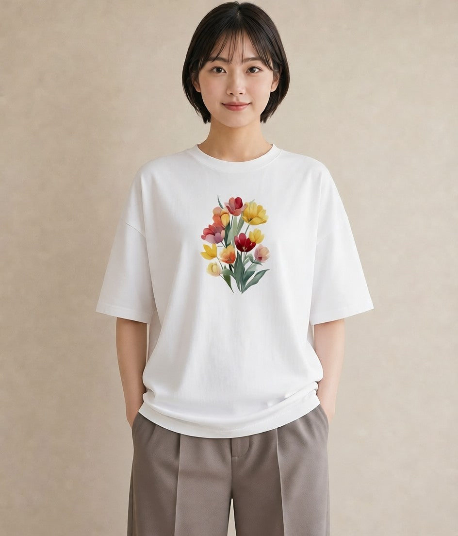 プリントTシャツ レディース チューリップ 花 花柄 イラスト 水彩風 お出かけ 普段着 白T YMAZO