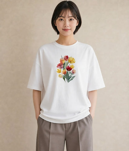 プリントTシャツ レディース チューリップ 花 花柄 イラスト 水彩風 お出かけ 普段着 白T YMAZO