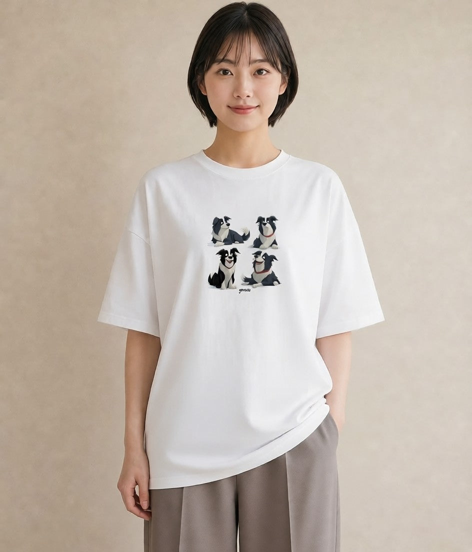 グラフィックTシャツ レディース ボーダーコリー 犬 いぬ イラスト 北欧風 カフェ服 クリスマス 白T YMAZO