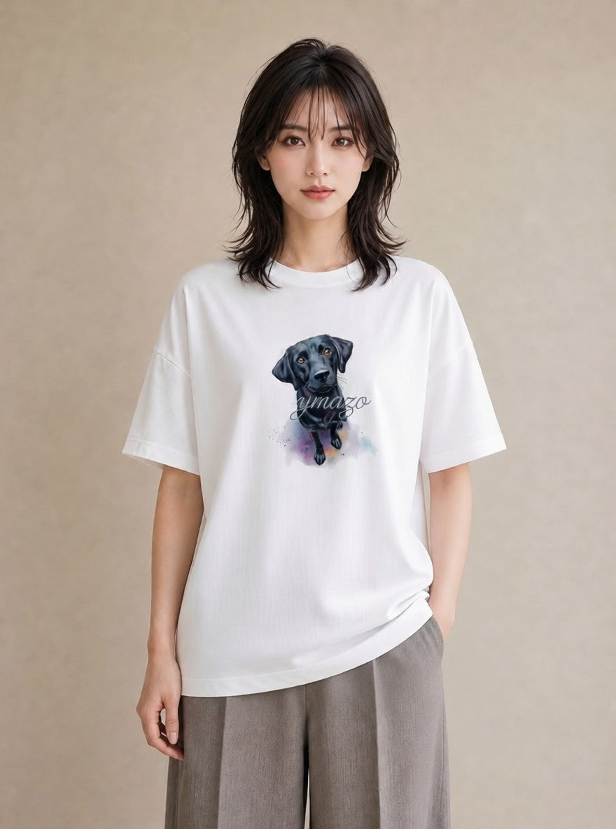 半袖Tシャツ レディース ラブラドールレトリバー 犬 いぬ イラスト フェミニン カフェ服 クリスマス 白T YMAZO